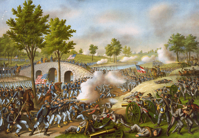 The Battle of Antietam, by Kurz & Allison (1878), depicting the scene of action at Burnside's Bridge