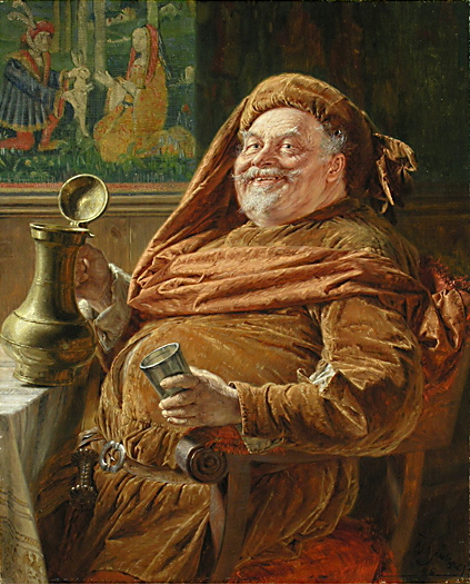 Eduard von Grützner: Falstaff mit großer Weinkanne und Becher (1896) (Falstaff with big wine jar and cup, 1896)